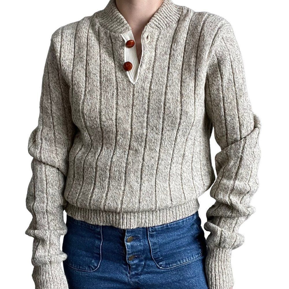Vintage Mens 1970s Beige Chunky Knit Wool Blend Fisherman Henley Sweater Sz L